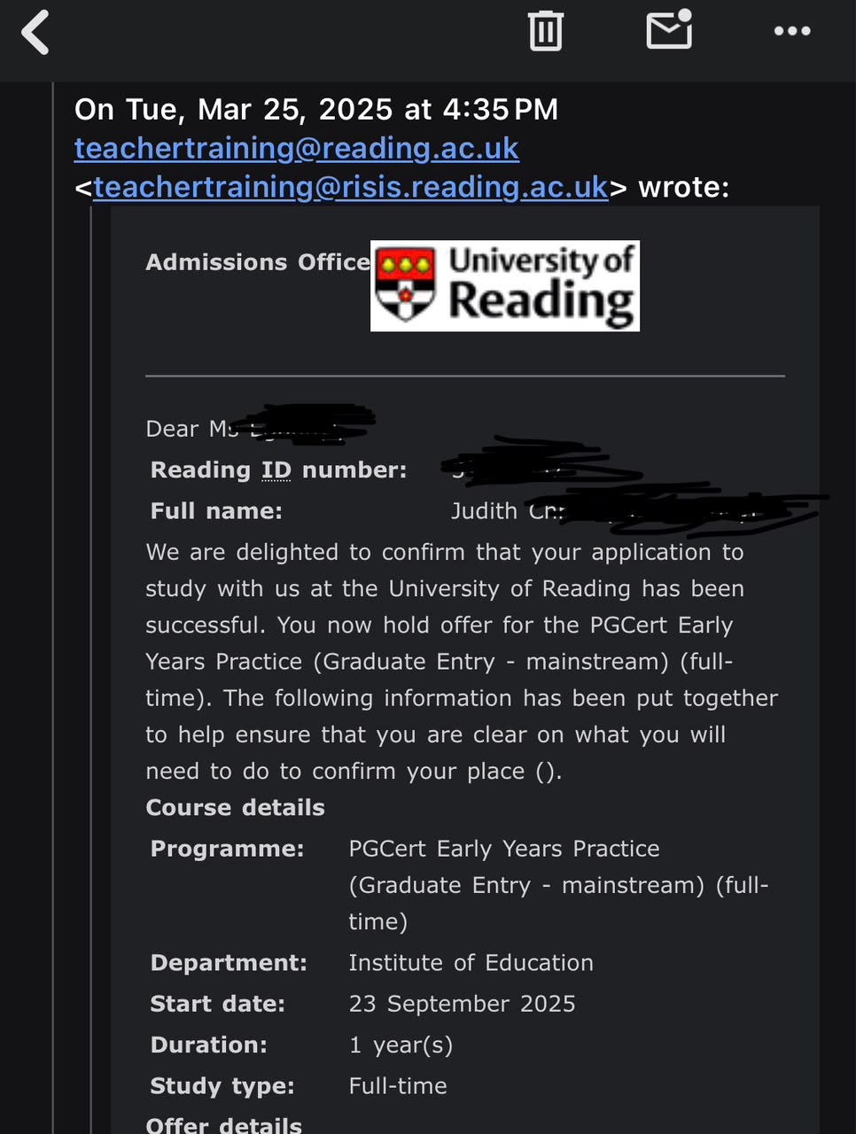 University of Reading offer email screenshot