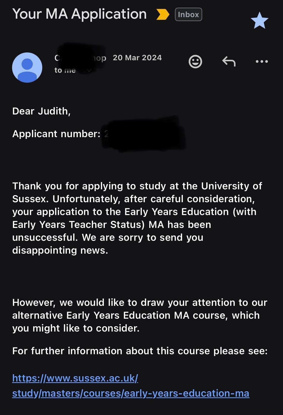Rejection email screenshot