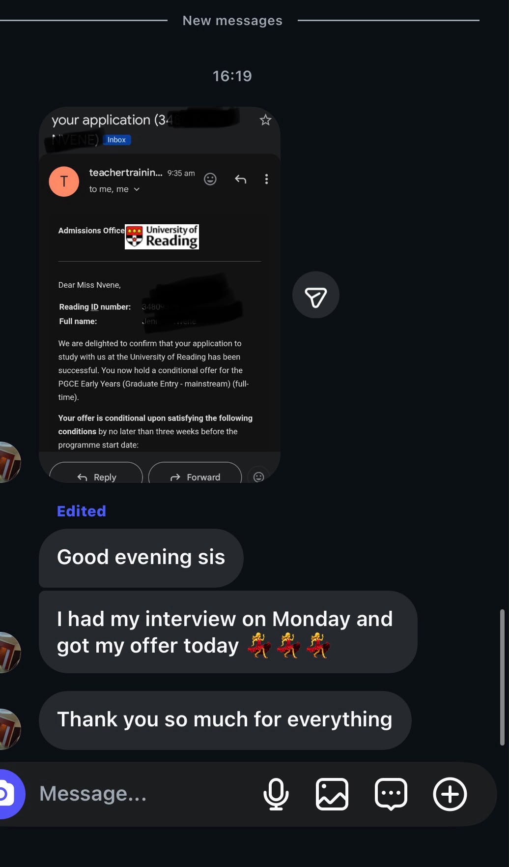 Message showing an applicant received an offer