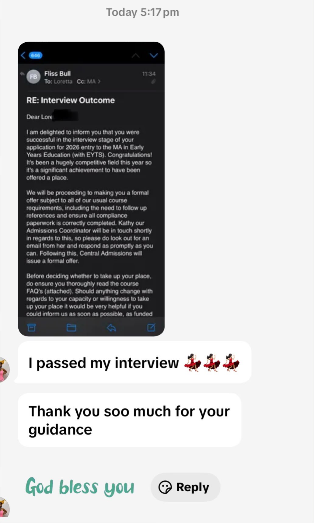 Message showing an applicant passed an interview